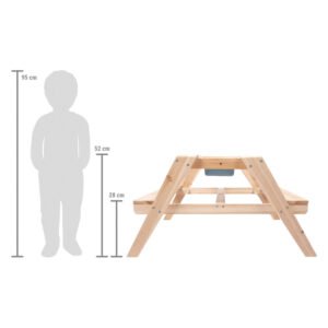 Houten kinderpicknicktafel met opbergbak en afmetingen van 95 cm hoog