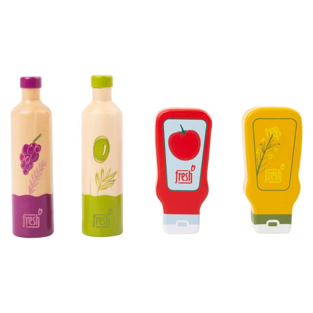 Houten speelgoed ketchup, mosterd en olieflessen voor kinderkeuken Houten Speeleten Sauzen en Olie
