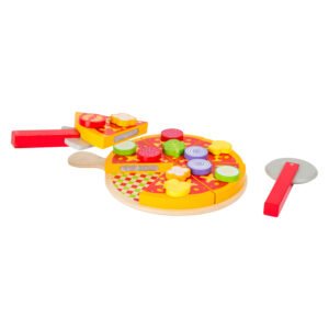 Houten speel pizza met losse pizzapunten en toppings
