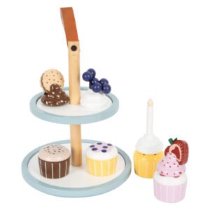 Houten speelgoed etagère met cupcakes en verwisselbare toppings