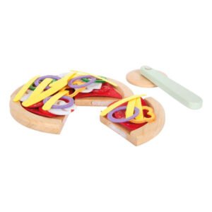 Houten speelgoed pizza met losse toppings en pizzasnijder