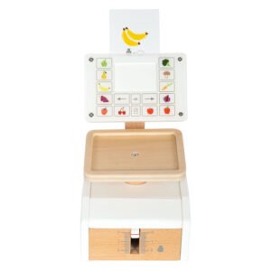 Houten speelgoedweegschaal met banaankaart en touchscreen display