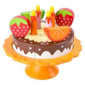 Houten speelgoed verjaardagstaart met aardbei, kiwi en sinaasappel. Small Foot Houten Snij en Speeleten Verjaardagstaart