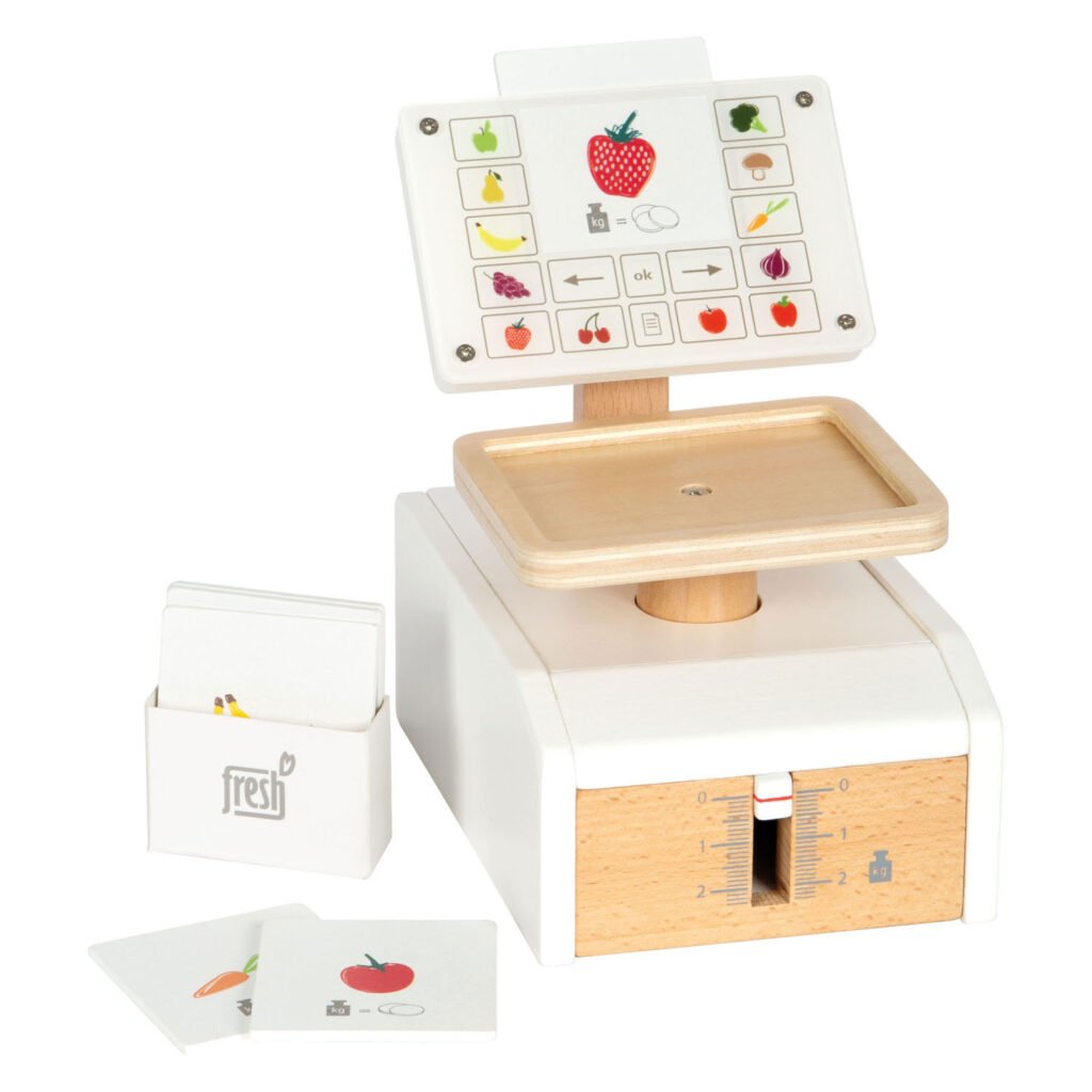 Interactieve houten speelgoedweegschaal met fruitkaarten en accessoires. Small Foot Houten Weegschaal Fresh