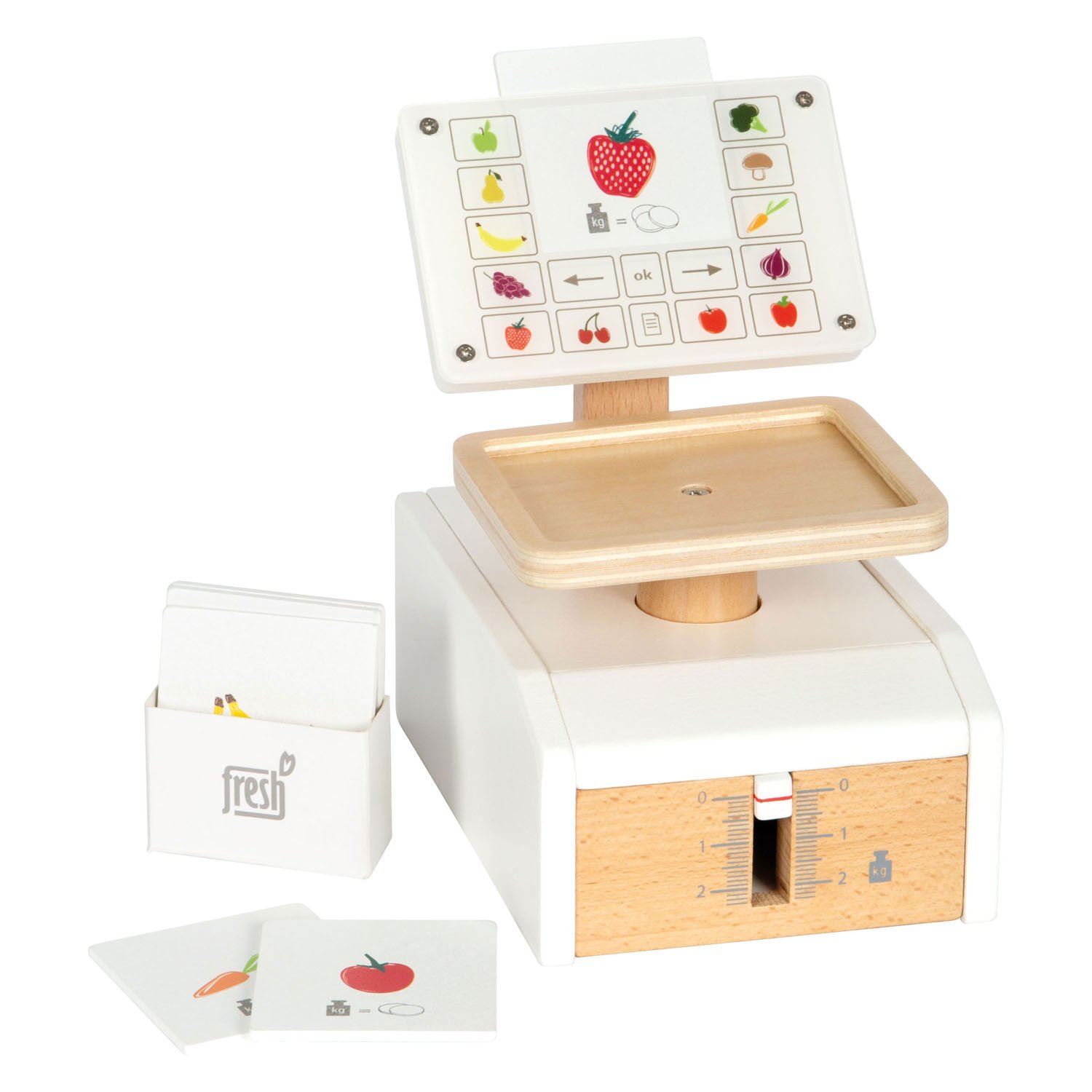 small-foot-interactieve-houten-speelgoedweegschaal-accessoires Interactieve houten speelgoedweegschaal met fruitkaarten en accessoires. Small Foot Houten Weegschaal Fresh