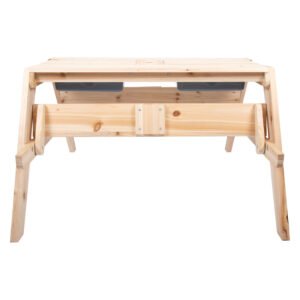 Onderzijde van houten kinderpicknicktafel met geïntegreerde opbergbakken