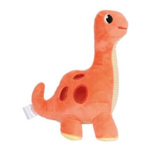 Rechterzijaanzicht van oranje pluche dinosaurus knuffel met rode vlekken