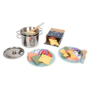 Speelgoed pastaset met kookpan vergiet en vilten ingrediënten