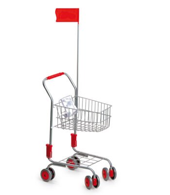 Speelgoed winkelwagen met vlag en metalen boodschappenmand Winkelwagen met Poppenzitje en Vlag