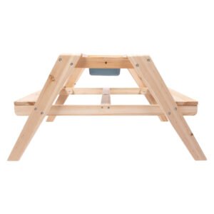 Vooraanzicht van houten kinderpicknicktafel met verborgen speelbak