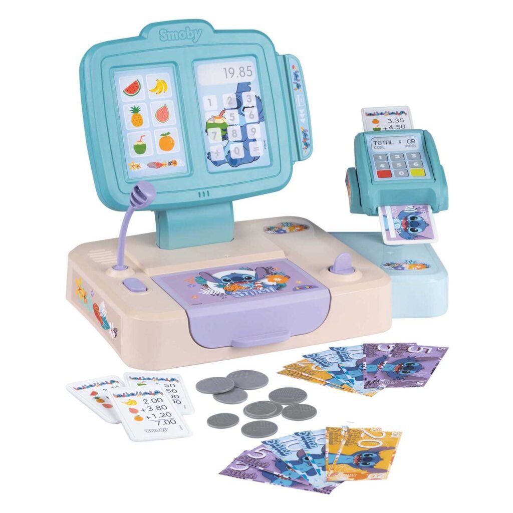 Disney Stitch interactieve speelgoed kassa met speelgeld Smoby Stitch Kassa met Accessoires