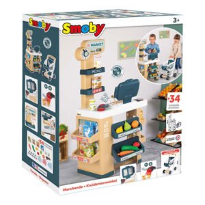 Verpakking van Smoby speelgoed supermarkt inclusief 34 accessoires