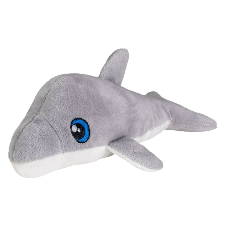 Grijze dolfijn knuffel met blauwe ogen op witte achtergrond Save The Sea Knuffel - Dolfijn Willow