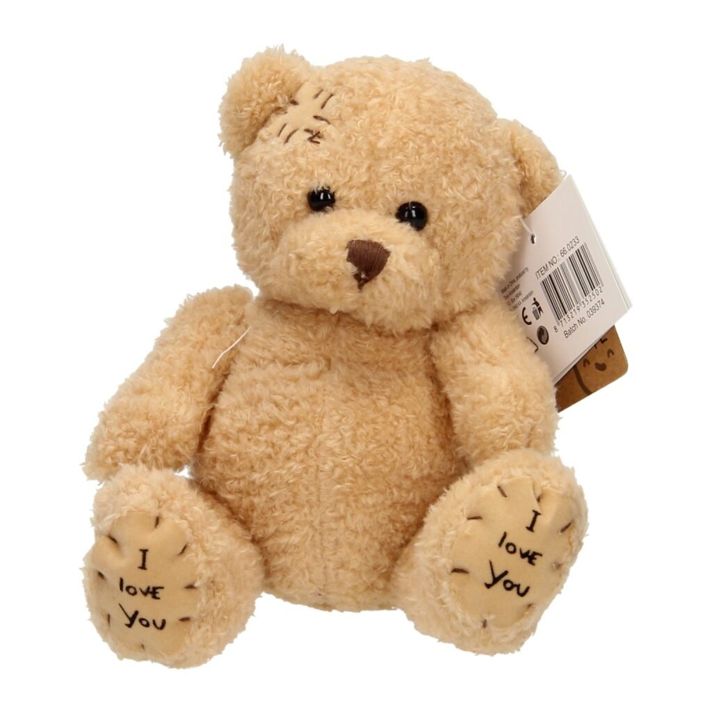 Beige knuffelbeer met I Love You op de pootjes en zachte pluche vacht Take Me Home Knuffelbeer Lichtbruin
