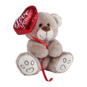 Beige teddybeer met rode Love You ballon voor Valentijnsdag