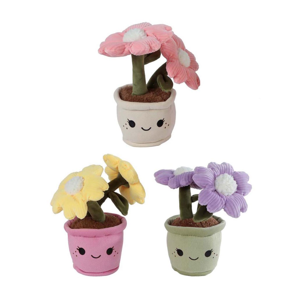 Drie schattige bloemenknuffels in vrolijke bloempotjes met gezicht Take Me Home Knuffel Plant Pluche - Bloemen