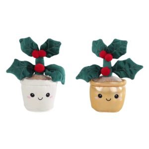 Set van pluche kersthulst planten in witte en gouden bloempot Take me Home Special Moments Plant Pluche - Hulst