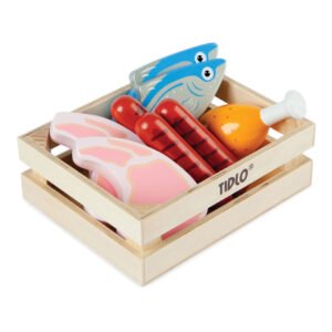 Houten speelgoed eten assortiment in bewaarkrat Tidlo Houten Speeleten Vlees en Vis in Kist
