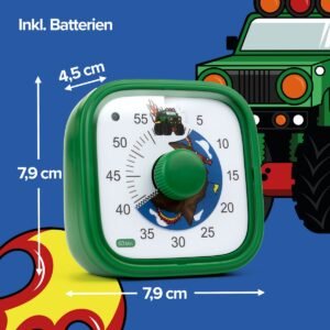 Visuele timer groen met monster truck design en afmetingen