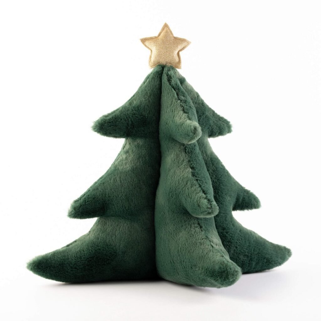 Textino XMAS PINE Kussen - Mountain View Green. Een zacht groen kerstboom kussen van pluche met gouden ster
