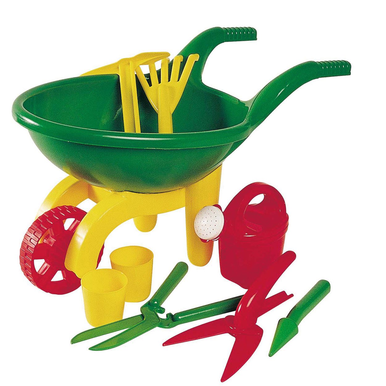 androni-kinder-speelgoed-tuinset-kruiwagen-gieter-gereedschap Kinder tuinset speelgoed met groene kruiwagen, rood gieter en geel gereedschap Kruiwagen met Tuingereedschap