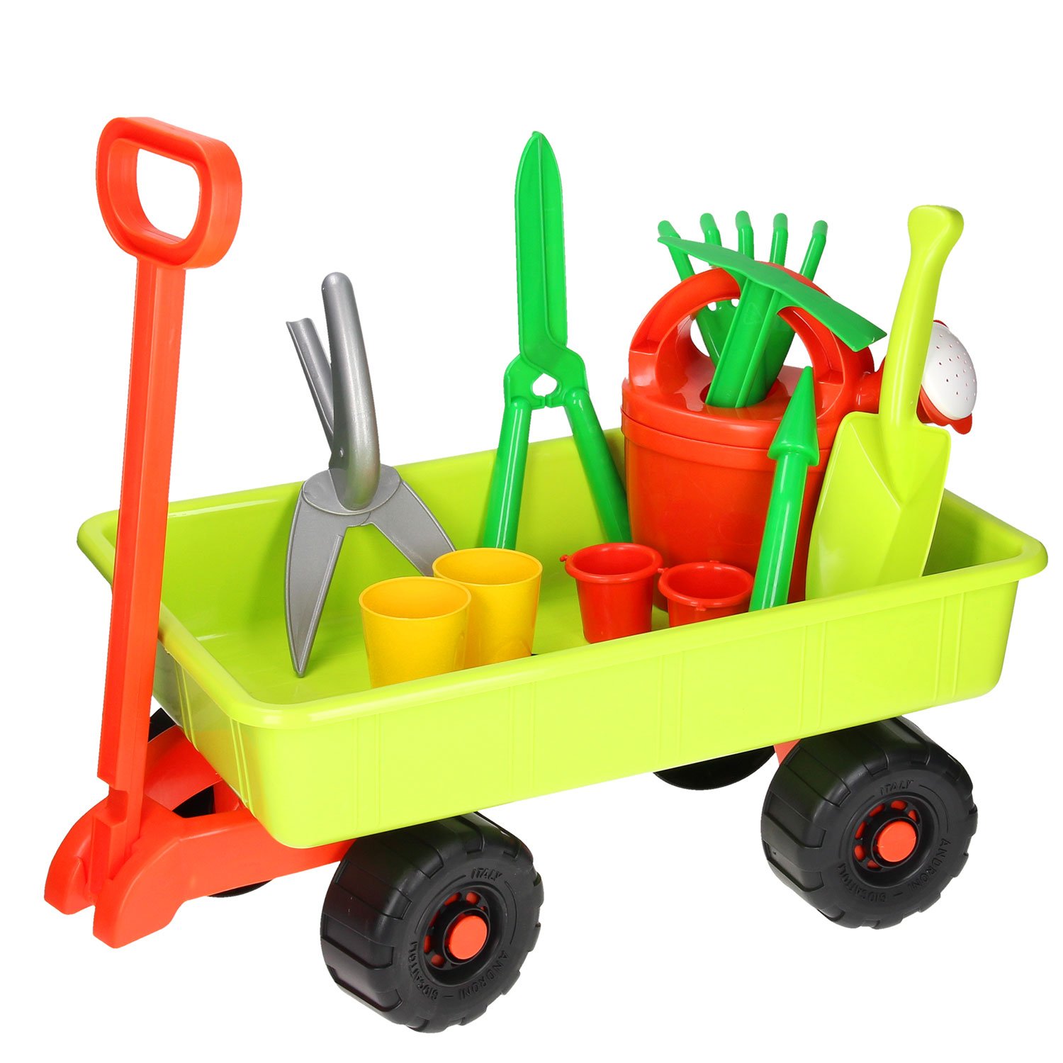 androni-kinder-tuingeredschap-speelgoedkar Kinder tuingereedschap set in een groene speelgoedkar met schep, hark en gieter Kinder tuingereedschap set in een groene speelgoedkar Bolderkar met Tuingereedschap