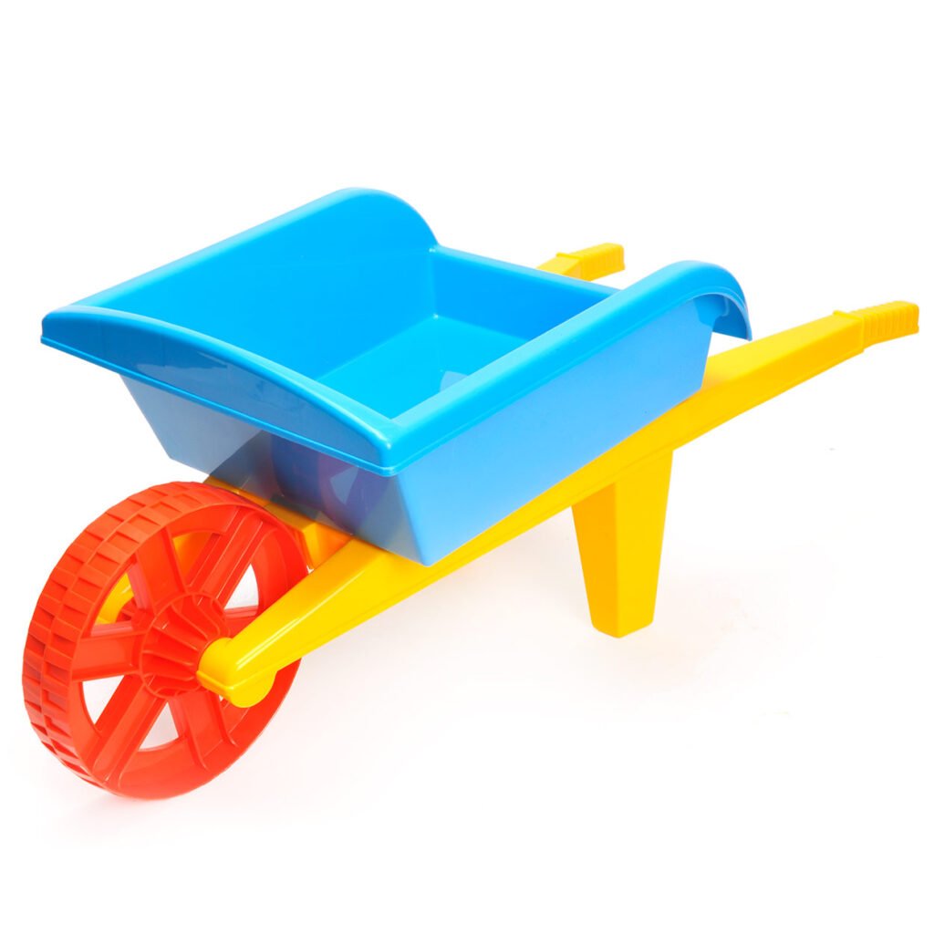 Kunststof speelgoed kruiwagen met blauwe bak, gele handvatten en rood wiel Kruiwagen Rhodos
