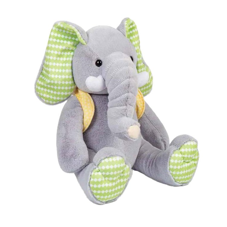 Grijze pluche olifant knuffel met groen geruite oren en voeten Bigjigs Grote Olifant Knuffel