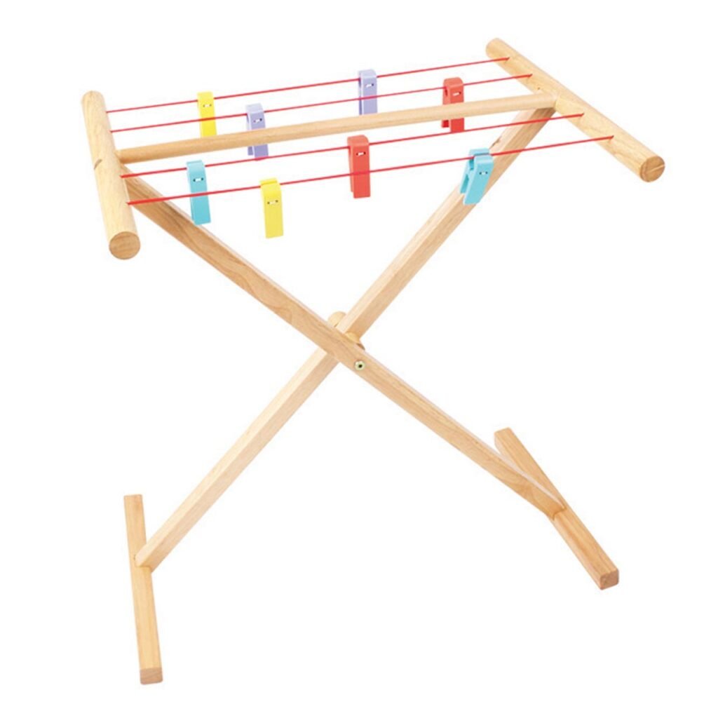 Speelgoed droogrek van hout met kleurrijke knijpers Bigjigs Houten Wasrek