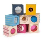 Stapel houten sensorblokken met spiegels, lenzen en voelmaterialen Bigjigs Houten Zintuigen Bouwblokken