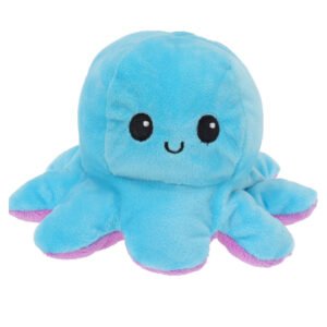 Blauwe omkeerbare octopus knuffel met paarse onderkant en vrolijk gezicht