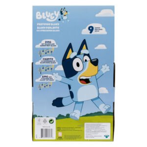 Achterkant verpakking Bluey interactieve knuffel met geluiden en liedjes