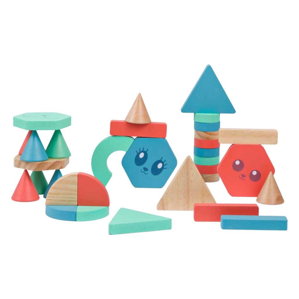 Houten blokken vormen creatieve torens en geometrische figuren BS Toys Houten Bouwstenen