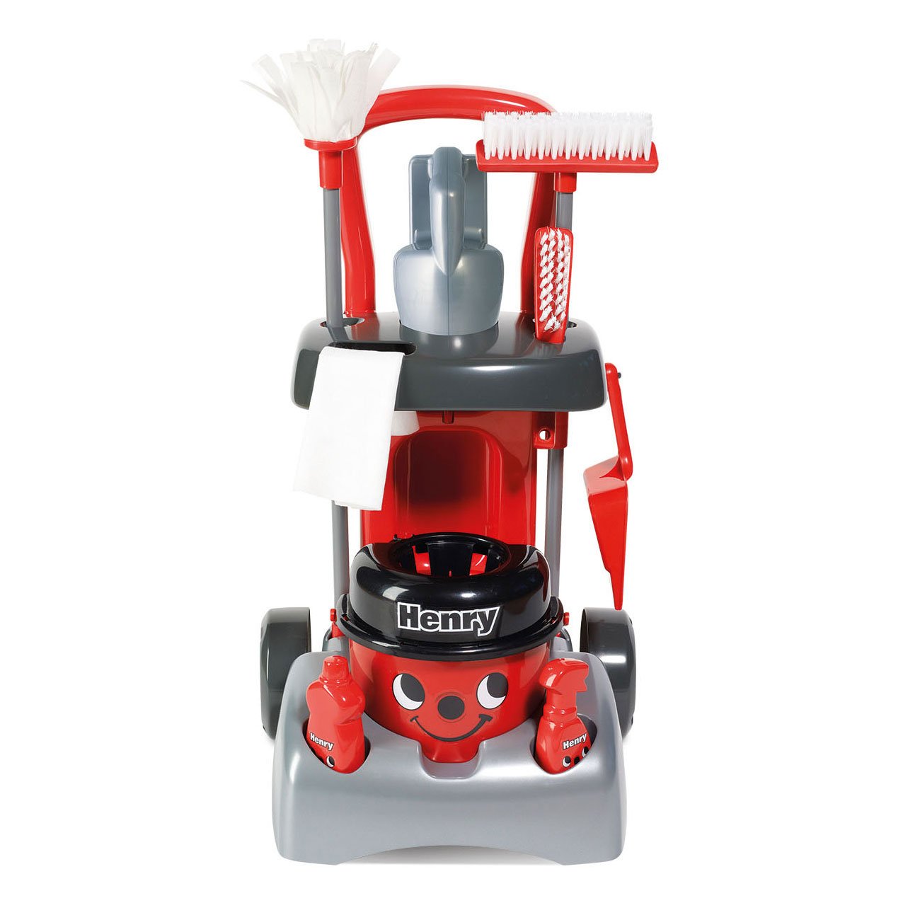 casdon-henry-speelgoed-schoonmaaktrolley-frontaal Henry speelgoed schoonmaaktrolley met borstels, mop en stofzuiger opbergset voor kinderen Casdon Schoonmaak Trolley Henry Deluxe Speelset
