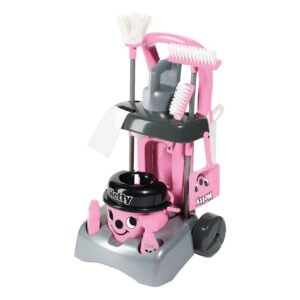 Schuine weergave van roze Hetty schoonmaak speelgoedset met mop en borstel