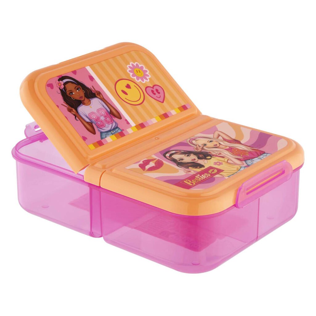 Geopende roze lunchbox met compartimenten en Besties print Besties Lunchbox