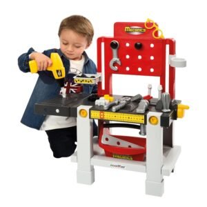 Kind speelt met Ecoiffier Mecanics speelgoed werkbank met boormachine en gereedschap