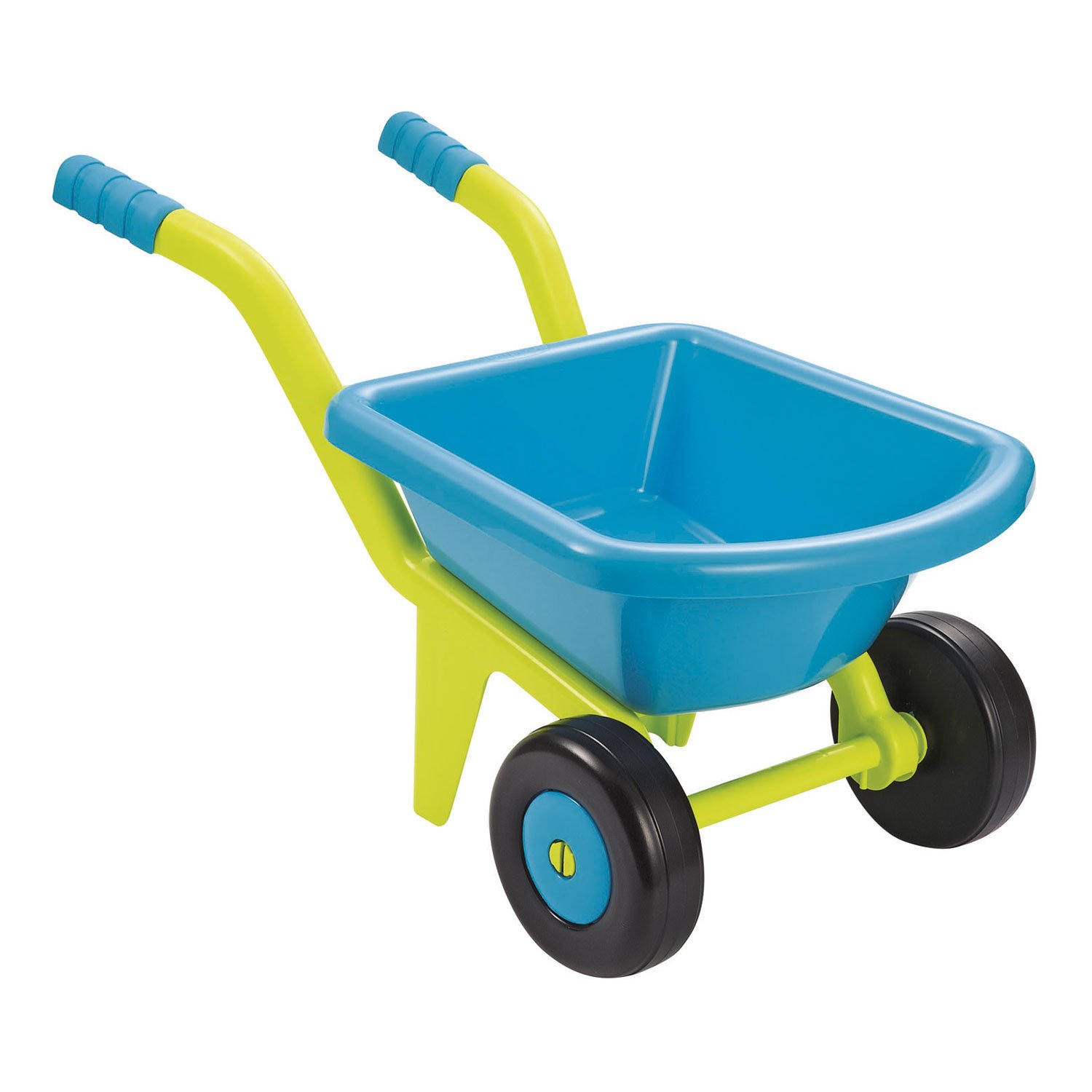 ecoiffier-speelgoed-kruiwagen-kinderen-blauw-groen Speelgoed kruiwagen voor kinderen met blauwe bak en groene handgrepen Ecoiffier Stabiele Kruiwagen