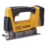 Geel-zwarte draadloze decoupeerzaag (Power Tool Series) op witte achtergrond Gereedschap Speelgoed Decoupeerzaag
