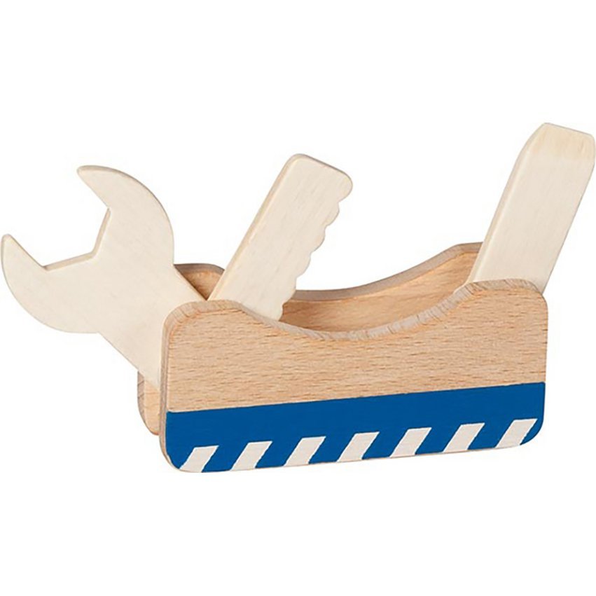 Naturel blauwe Goki Houten Multitool kindergereedschap