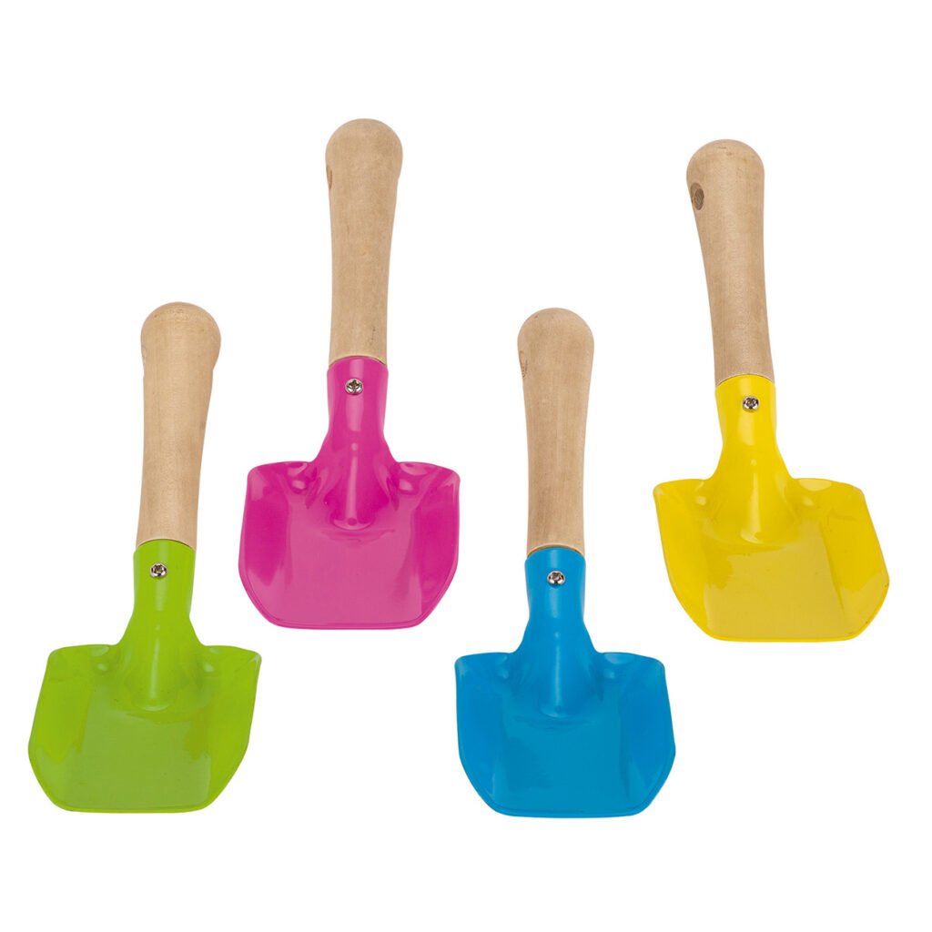Kleurrijke houten tuinscheppen set in groen, roze, blauw en geel Goki Metalen Kinderschepje