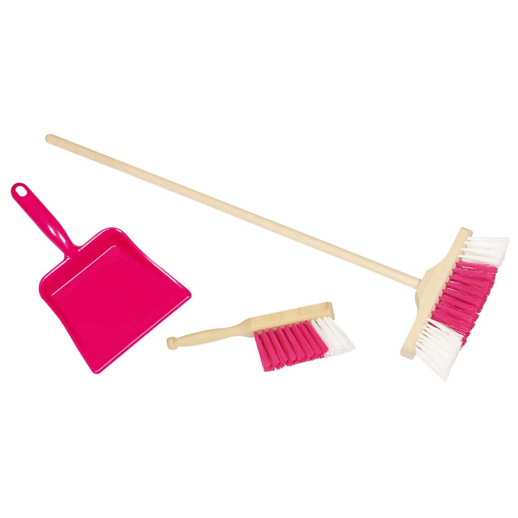 Goki Bezem stoffer & blik Roze set los met twee borstels en lange houten steel op witte achtergrond