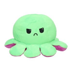 Groene omkeerbare octopus knuffel met boze gezichtsuitdrukking
