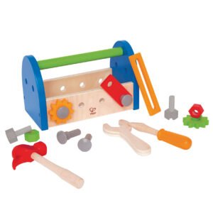 Hape houten gereedschapskist met losse houten gereedschappen en onderdelen