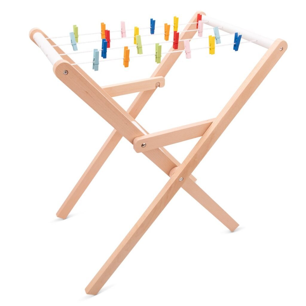 Compacte Woet Houten Droogrek met Knijpers en drooglijnen