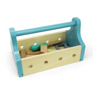 Houten gereedschapskist gevuld met houten speelgoedgereedschap