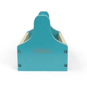 Houten gereedschapskist met handvat in turquoise en naturel hout