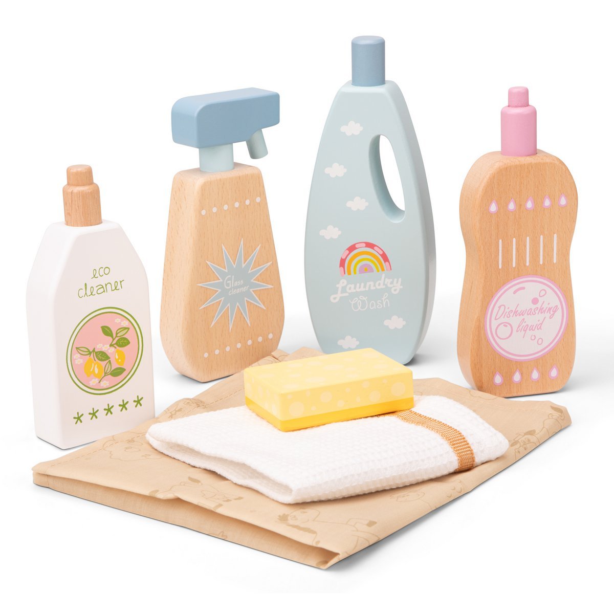 houten-speelgoed-schoonmaak-set-flessen-spons-opstelling Woet houten schoonmaakmiddelen set met flessen, doek en spons in nette opstelling op ondergrond