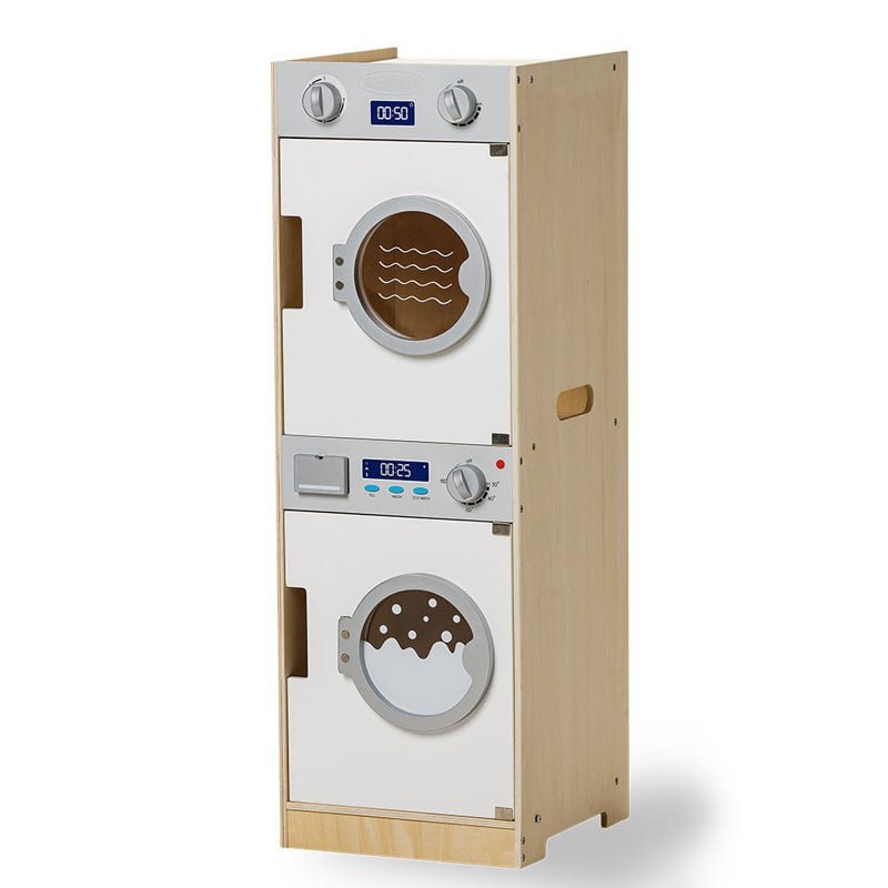 Houten Mamamemo wasmachine/droger combinatie voor kinderen zijaanzicht