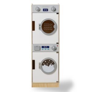 Houten speelgoed wasmachine en droger combinatie met dubbele deuren